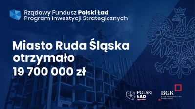 Granatowa plansza informująca o otrzymaniu przez Rudę Śląską 19,7 mln zł z Rządowego Funduszu Polski Ład -  Programu Inwestycji Strategicznych, w tle powstający budynek i godło Polski.