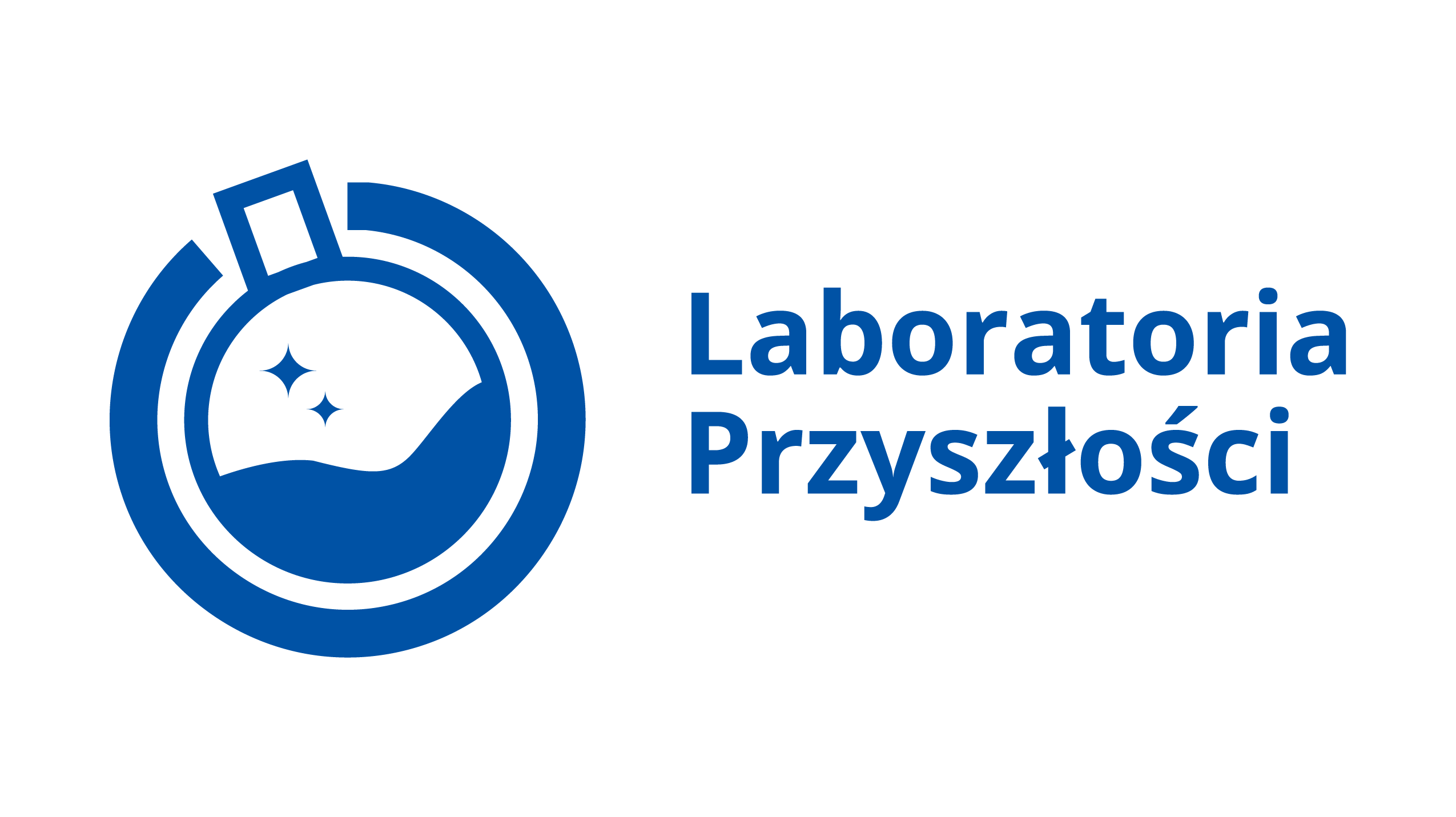 Granatowy napis: Laboratoria Przyszłości oraz symbol menzurki