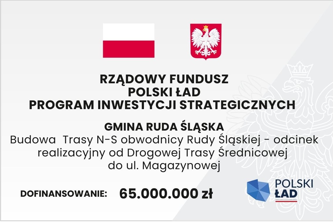 Logotyp informujący o źródle pozyskanego dofinansowania. Flag i godło Polski i napis: Dofinansowano ze środków Rządowego Funduszu Polski Ład Program Inwestycji Strategicznych Gmina Ruda Śląska