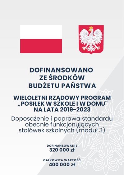 Flaga oraz godło Polski na szarym tle. Poniżej tekst mówiący o dofinansowaniu.