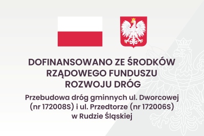 Flaga i godło Polski oraz informacja o dofinansowaniu ze środków Rządowego Funduszu Rozwoju Dróg.